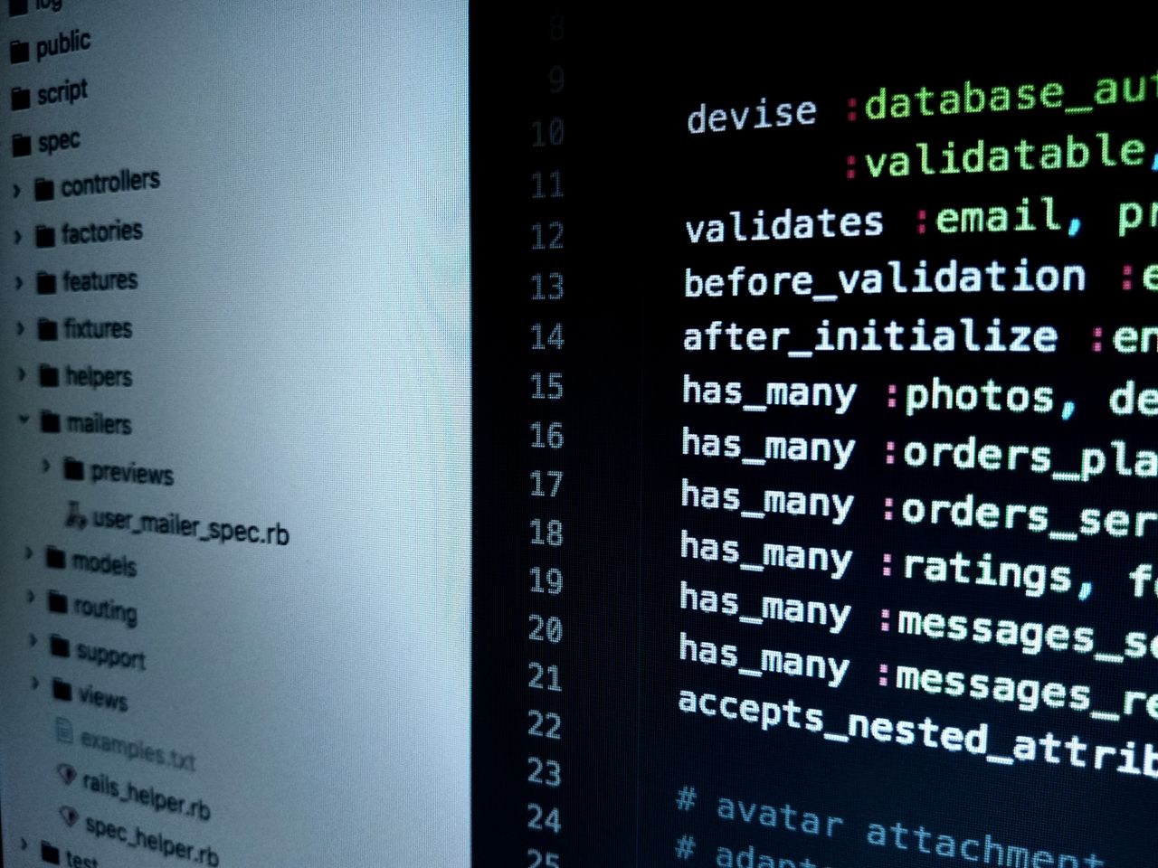 Detailed view of Ruby on Rails code highlighting software development intricacies.